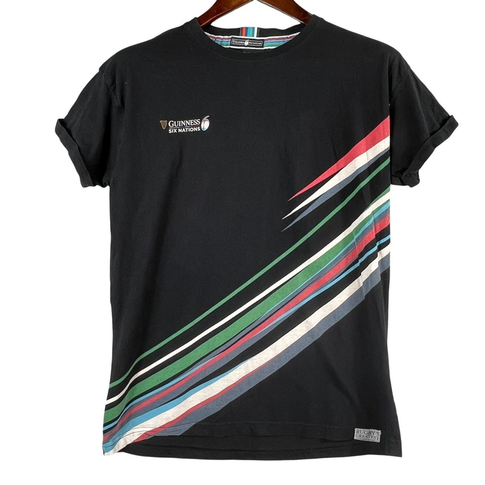 Guinness Six Nations Mens M Rugby T Shirt Black Stripe Graphic Cotton Rugby Tee